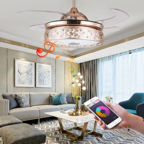 LED Bluetooth Music Ceiling Fan Light with Bluetooth Gold Branch Jade Leaf Bluetooth Ceiling Fan with Light