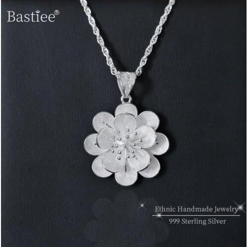 Flower chakra 999 Sterling Silver Pendant Necklace Women Miao Silver Charms Pendants Handmade Trendy Jewelry Luxury Statement