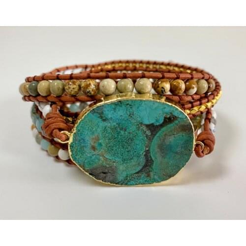 Women Leather Bracelet Unique Mixed Natural Stones Gilded Stone Charm 5 Strands Wrap Bracelets Handmade Boho Bracelet