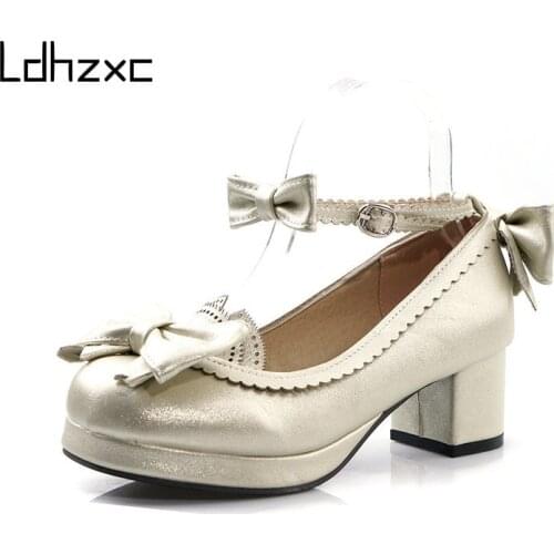 LDHZXC Women Pump Sweet Female Single Shoes Roune Toe Ankle Strap Buckle Med Heels Girls Cosplay Shoes Japanese Style