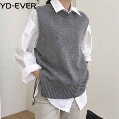 2020 New Autumn Winter Women Sweaters Sleeveless Split O-Neck Vest Warm Minimalist Knitting Elegant Tops SWV9221