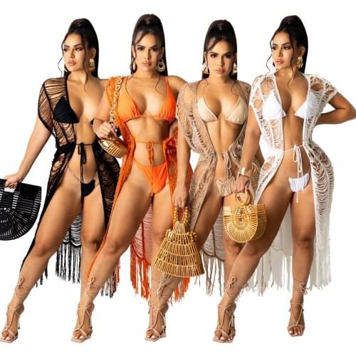 2021 Crochet Fish Net Sexy tassel Bathing Suit Cover-ups Beach Wear Kimono Dress For Women Summer Swimsuit Cover