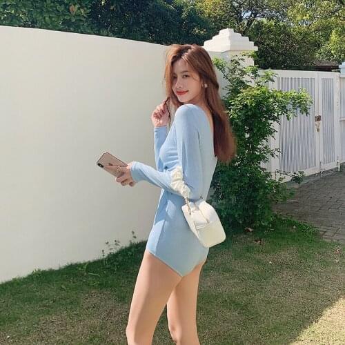 2021 New Cute Whole Colored One Piece Swimsuit Long Sleeve Close-fitting Slender Sexy Backless Bathing Suit Women