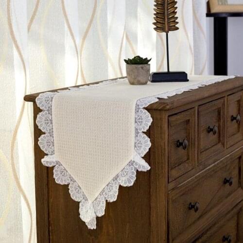Beige Beehive lattice Cotton With White Lace Edge Table Runner Home Decorative Multi-function Tablecloth Size Customizable