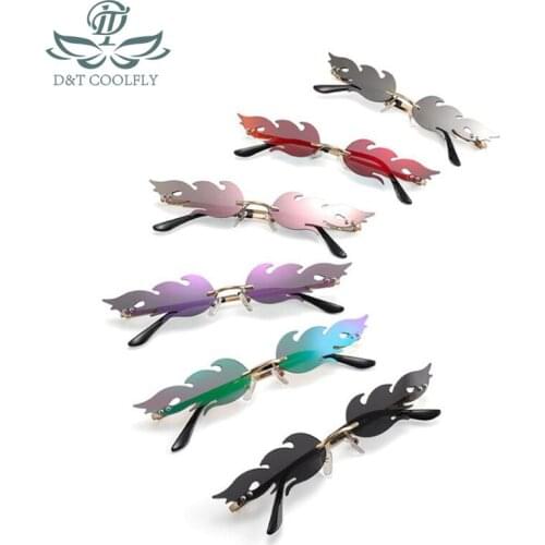 D&T 2020 Fashion Fire Flame Sunglasses Women Men Brand Design Rimless Wave Eyewear Luxury Trending Narrow Sun glasses Streetwear