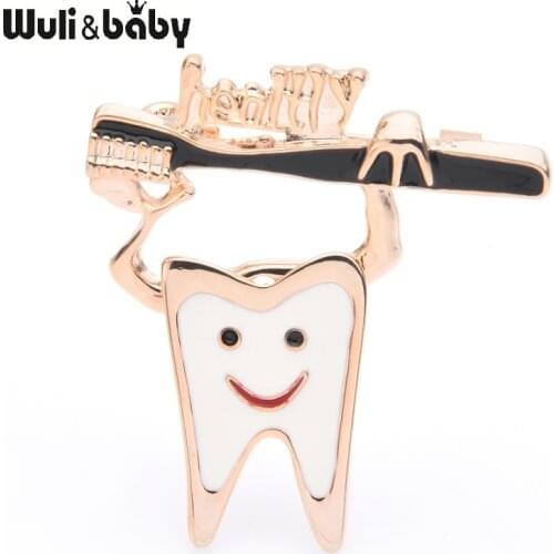 Wuli&baby Enamel Tooth Toothbrush Brooches Women Alloy Silver Color Tooth Healthy Dentist Brooch Pins New Year Gifts