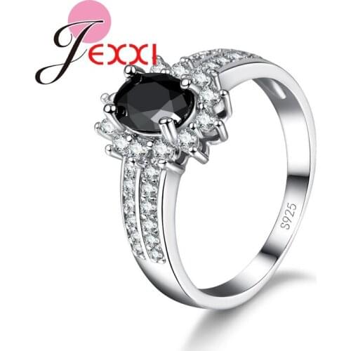 Geometric Big Black AAA+ Austrain Rhinestone 925 Sterling Silver Round Rings For Ladies Fashion Accessories Gifts For Lover