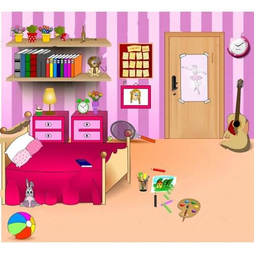 Room Bedroom Cartoon Toys Bed Door Clock Bookshelf Books Guitar backdrop Computer print children kids background