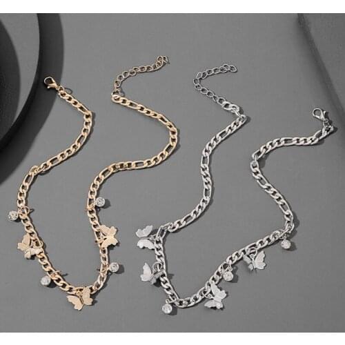 Cuban Chain Necklace Butterfly Choker Rhinestone Stainless Steel European and American Personality Butterfly Metal Women Party