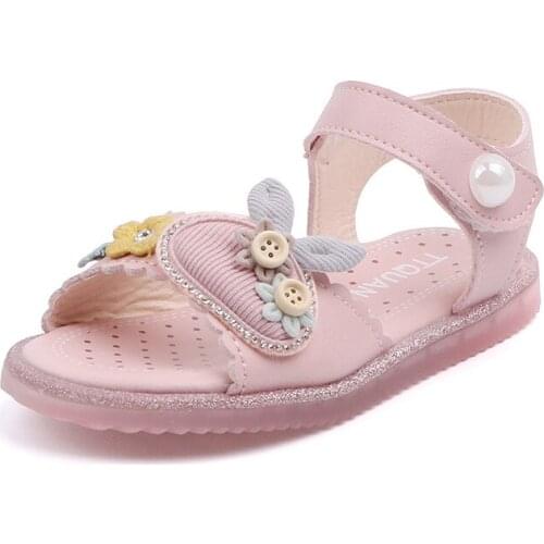 Summer Girls Princess Open Toe Beach Sandals Casual Floral Rabbit Rhinestone Soft Childrens Pearl Flats Kids Toddler Baby Shoes
