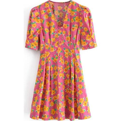 Fashion 2021 Women Boho Style Floral Printed Mini Dress Short Sleeve Party Dress Summer Holiday V Neck Pleated Dresses