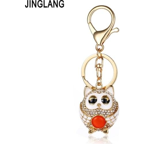 JINGLANG Fashion Gold Color Metal Keyring Dangle 3D Crystal Owl Animal Charms Keychains For Women Handbag Pendant Jewelry