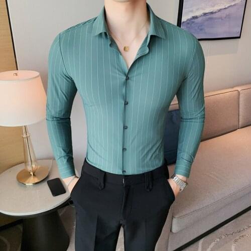 Brannd Striped Shirts Men Long Sleeve Slim Business Formal Dress Shirts Slim Fit Streetwear Social Party Tuxedo Men Clothing