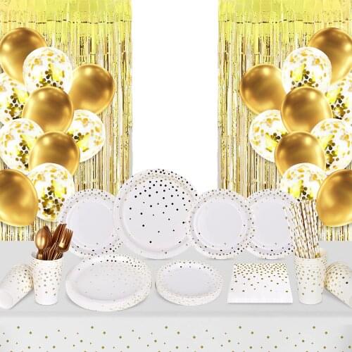 White Gold Party Supplies Set Disposable Paper Dinnerware Golden Dot Tableware for Wedding Bridal Shower Baby Graduation Holiday