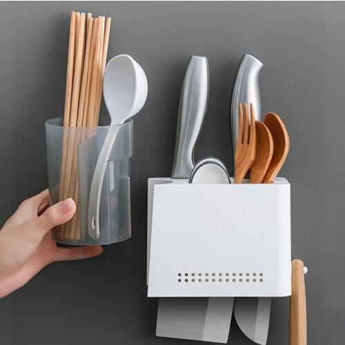 Wall-Mounted Chopstick Cage Spoon Storage Box Kitchen Organizer Hooks Knife Holder Drain Rack Storage Basket Shelves