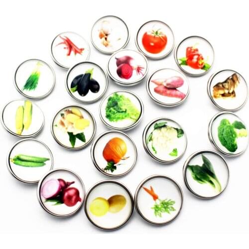 Wholesale 12pcs/lot New Snap Buttons Jewelry Many Vegetables Glass Print Charms Fit 18mm/20mm Snap Button Bracelet&Bangles
