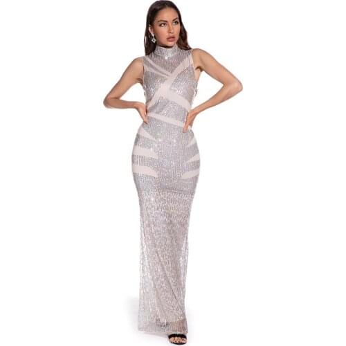 Ziamonga 2021 Elegant Women Sleeveless Sequins Turmpet Long Dress Turtleneck High Waist Women Sexy Party Maxi Dress Vestidos