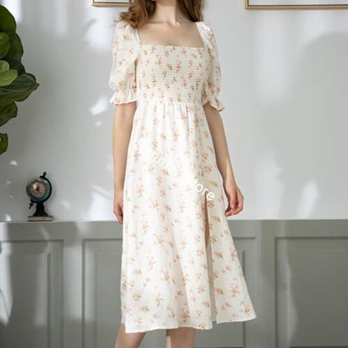 Women Side Split Linen Midi Dress Square Collar Backless Puff Sleeve Floral Print Elastic Summer Retro Dress