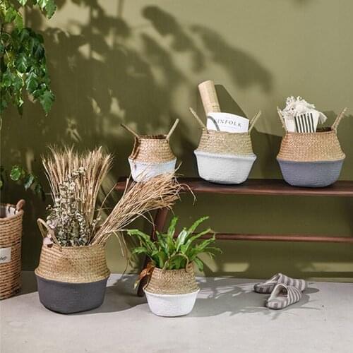 Wicker Rattan Basket Storage Bag Folding Rattan Seaweed Handmade Storage Basket Clothes Laundry Woven Basket Plant Flowerpot