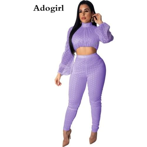Sheer Mesh Perspective Dot Sexy 2 Piece Set O Neck Lace Lantern Sleeve Dot Crop Top and Pants Night Slim Club Outfits Female