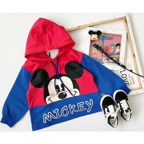 Disney Mickey Sweatshirts Baby Boys Girls Hooded Tops Cartoon Minnie Clothes Autumn Winter Sweater Red and Blue Contrast Color