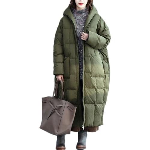 Loose Large Size Down Jacket New Winter Thick Long Coat Women Hooded Bat Sleeve Down Jackets Armgreen Coat NS1510