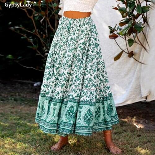 GypsyLady Vintage Floral Maxi Skirt Spring Casual Beach Holiday Women Skirt Rayon Elastic Waist Lace Tie Up Chic Skirts New 2021