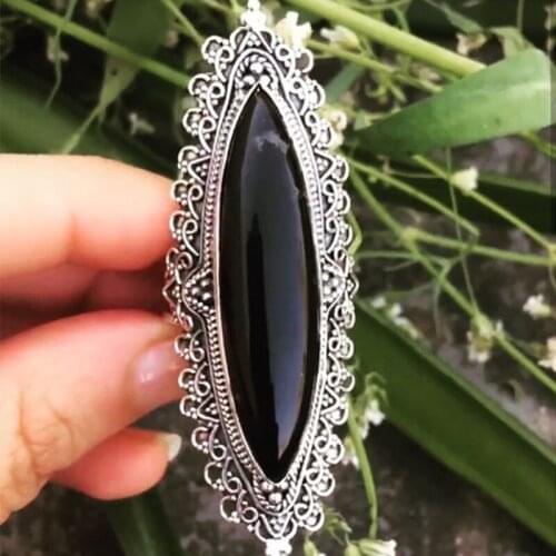 Vintage Womens Ring Bohemian Exaggerated Luxury Inlaid Big Stone Ring Antique Silver Color Engraving Classic Ladies Jewelry