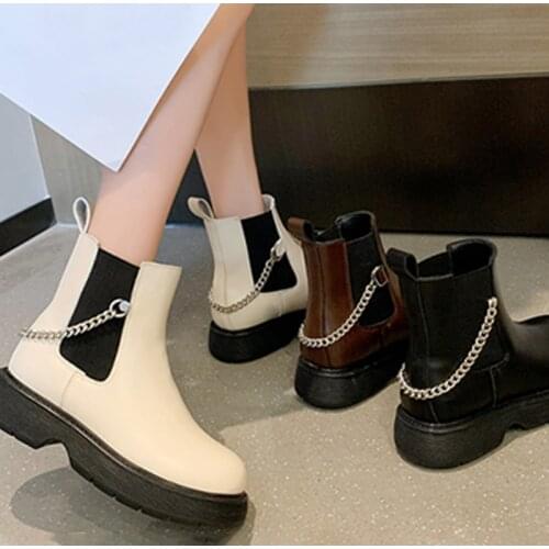 Women Ankle Boots Fashion PU Leather Slip-On Shoes Ladies Autumn Winter Platform Short Boots Female Metal Chains Footwear 2021