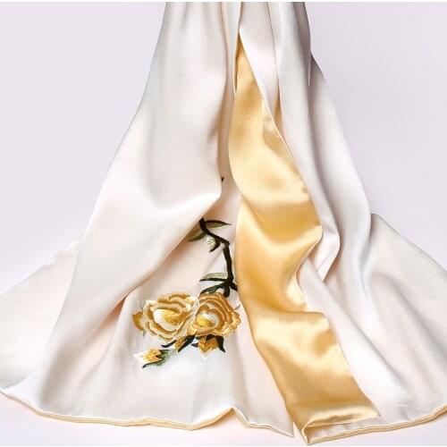 New 100% Pure Silk Scarf Embroidery Hangzhou Silk Foulard Wraps for Women Handmade Embroidery Natural 16 m/m Real Silk Scarves