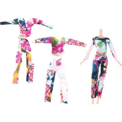 1 Set Doll outfit art print Flower Long trousers + Tops Fashional Design craftmade Party Outfit For Barbie Doll 28-30CM