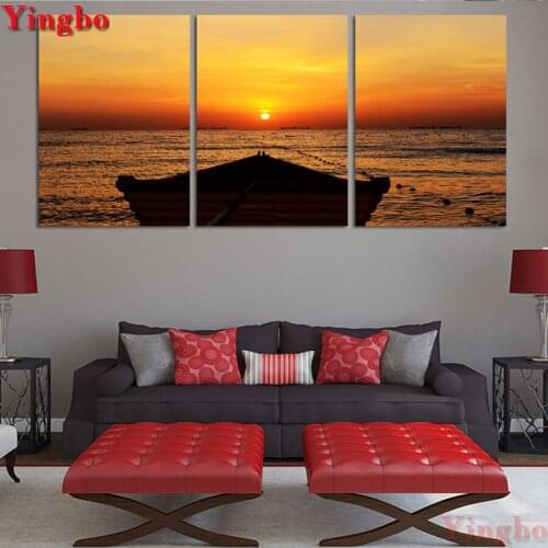 3 Pcs 3D DIY Diamond Painting Cross Stitch 3 Panel Ocean Sunrise Landscape Pictures Mosaic Diamond Embroidery wall sticker decor