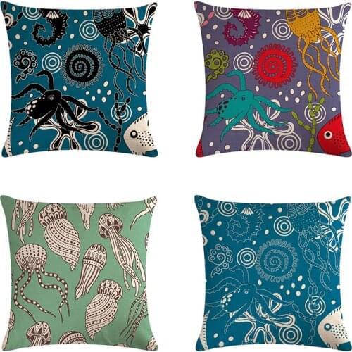 45x45cm Cotton Linen Pillow Cover Ocean Octopus Squid Cushion Cover Decorative Throw Pillow Case Sofa Home Decor