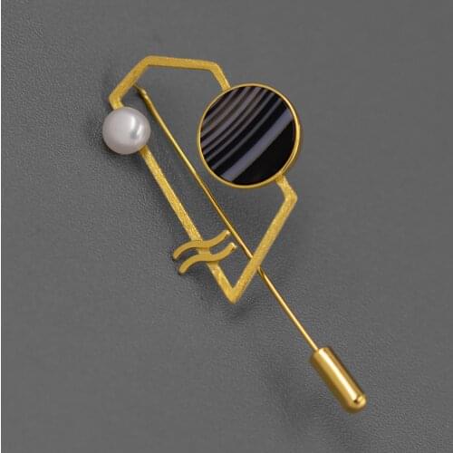 INATURE Natural Black and White Agate Fashion Geometric Clothing Brooches for Women 925 Sterling Silver Pearl Lapel Pin