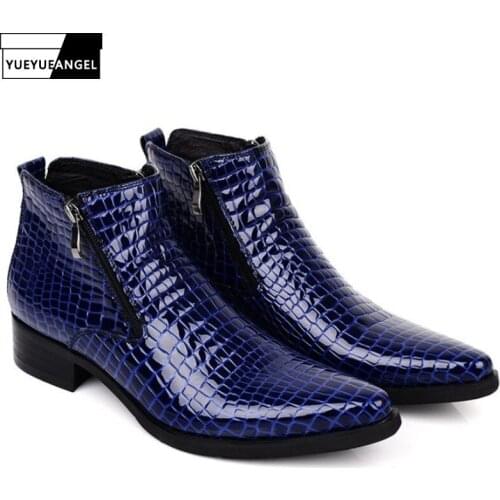 Business Man High Top Patent Leather Work Boots Formal Block Med Heels Cow Real Leather Pointed Toes Dress Shoes Plus Size Botas