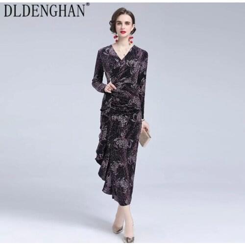 DLDENGHAN Fashion Runway Designer Autumn Dress Women V-Neck Long Sleeve Ruffles Crystal Button Elegant Party Dresses
