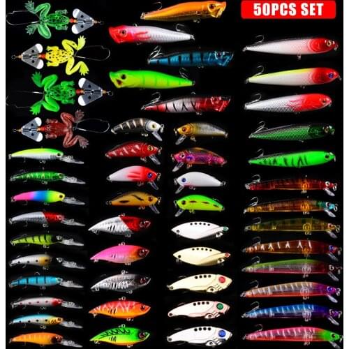 50pcs/Set Mix Fishing Bait Set Mixed Fishing Tackle Balancer Minnow Crank Frog Lures Fishing Lure Set