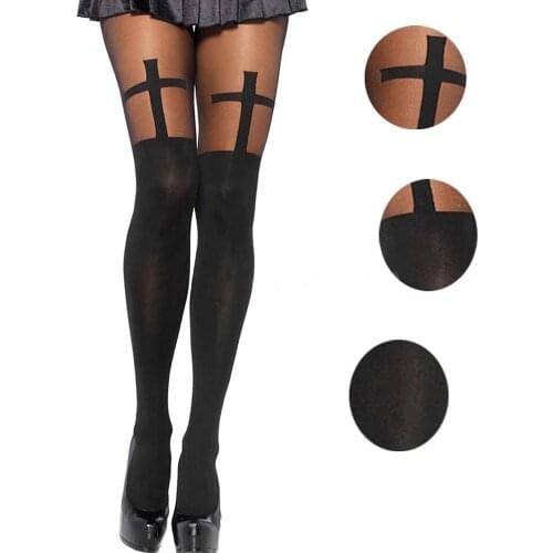 New Sexy Women Seamless Pantyhose Stockings Opaque Cross Pattern High Waist Gothic Tights Fishnet Mesh Printed Black Stocking