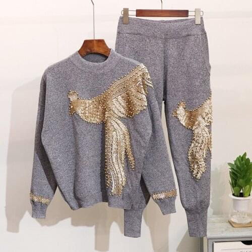 Autumn Women 2 Pieces Sweater Suits Handmade Beading Sequined Phoenix Pattern Knitted Pullover Tops Casual Trousers