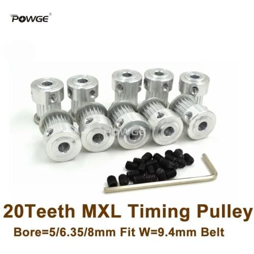 POWGE 10pcs 20 Teeth MXL Timing Pulley Bore 5/6.35/8mm For W=9.4mm MXL Timing Belt 3D Printer Ultimaker(20T 20Teeth MXL Pulley)