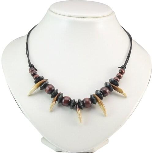 Handmade Cream Brown Tribal Design Wolf Tooth Wooden Beads Chain Necklace W/ Genuine Leather Cord