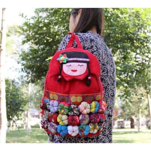 Handmade Retro Backpack Cute National Embroidered Shoulder Bag Girl Daypack Bags with Mini Pumpkin