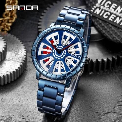 SANDA Mens Watches 2020 New Fashion Stainless Steel Watchband Quartz Watch Men Personalized creative Car Wheel Wristwatch clock