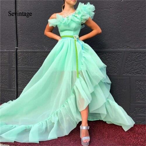 Sevintage One Shoulder Asymmetrical Evening Dresses Saudi Arabia Ruffles Feather Party Gowns Prom Dress with Sash Robe De Soiree