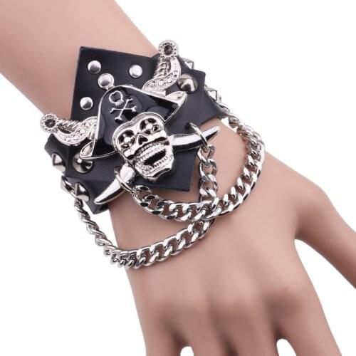 New Fashion Punk Wide Men Leather Bracelet Trendy Pirate Skull Bracelets Bangles Charming Chain Party Jewelry Boy Gifts