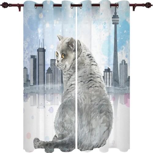 Kitchen Window Curtains City British Shorthair Cat Adult Children Bedroom Decoration Living Room Hanging ClothTreatment Curtains