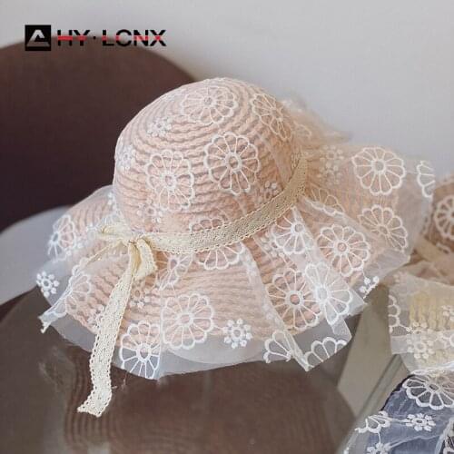Summer New Style Baby Big Brim Bow Sun Beach Straw Hat Girl Outdoor Travel Fashion Lace Flower Monochrome Straw Hat