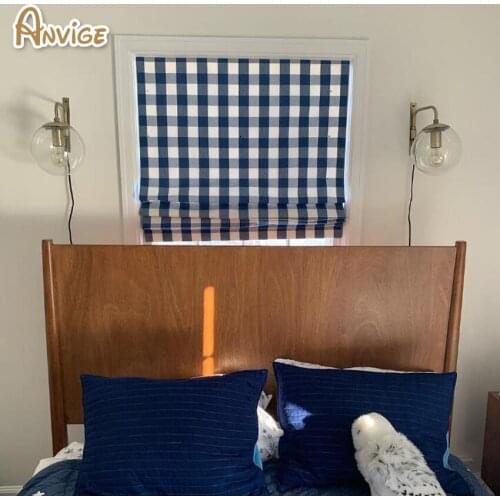 Modern Blue Plaid Full Blackout/Light Filter Roman Shades ,Easy Install Washable Curtains ,Customized Window Curtain Drape