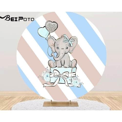 Round background blue boy baby shower backdrop watercolor cute elephant birthday Party photo studio table Covers poster YY-647