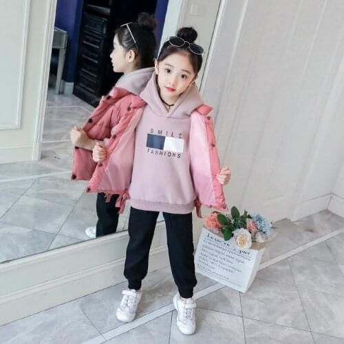 Girl hooded sweatshirt vest pants three-piece Girl plus velvet thick warm suit Girl high quality casual suit